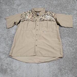 Drake Waterfowl Mens Large Tan Short Sleeve Camo Fishing Shirt NWTF North Ottawa